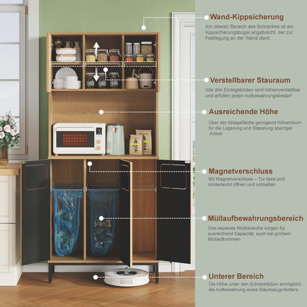 Mobile contenitore da cucina con 3 ante e 3 vani per raccolta differenziata, per cucina, in MDF, naturale, 80 × 35 × 181 cm