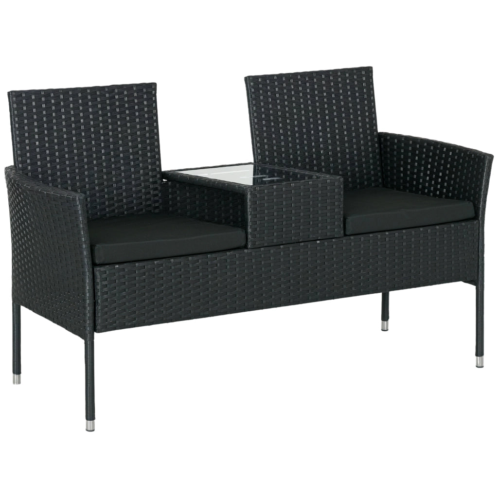 Divanetto per Esterni 2 Posti con Tavolino da Caff¨¨, in Acciaio e Rattan PE, 137x59x82 cm, Nero