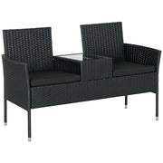 Divanetto per Esterni 2 Posti con Tavolino da Caff¨¨, in Acciaio e Rattan PE, 137x59x82 cm, Nero
