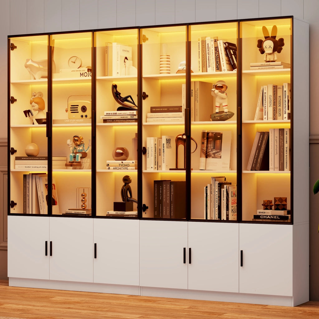 Vetrina alta con 12 ante in vetro e LED, 240x32x200 cm, armadio multifunzione in MDF bianco
