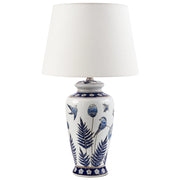 Lampada da tavolo Base in porcellana bianca e blu Paralume a tamburo in lino con patten floreale Illuminazione elegante
