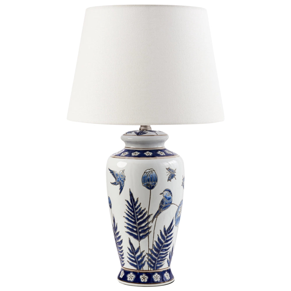 Lampada da tavolo Base in porcellana bianca e blu Paralume a tamburo in lino con patten floreale Illuminazione elegante