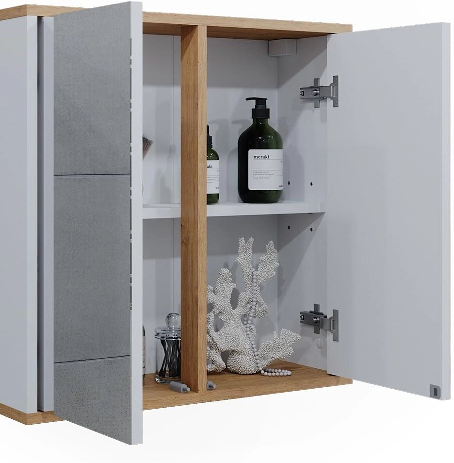 Specchio contenitore bagno Didi, Bianco/Artisan, 60 x 60 cm con due porte a specchio, per la conservazione di articoli da bagno e prodotti per la cura personale