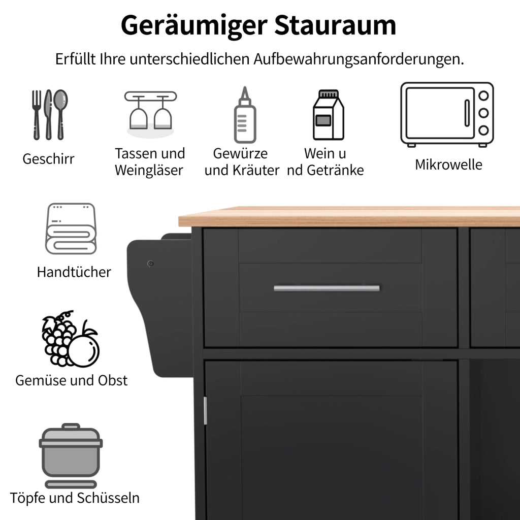CARRELLO CUCINA con piano ribaltabile 139x46(71)x91,5 cm MDF Nero/Naturale