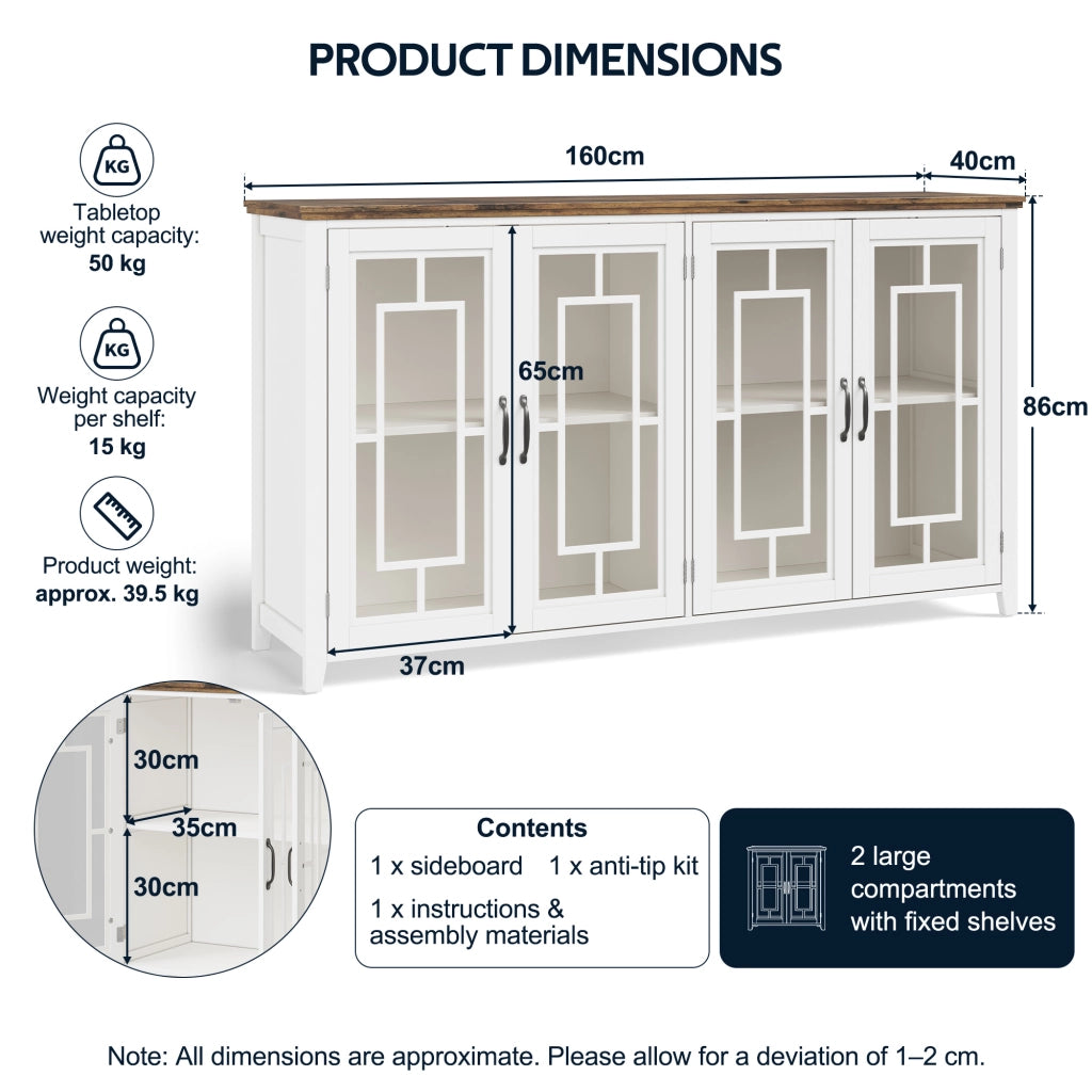 Credenza con 2 ante in vetro e 2 vani contenitore, piano effetto legno per cucina e soggiorno, bianca 160 × 40 × 86 cm
