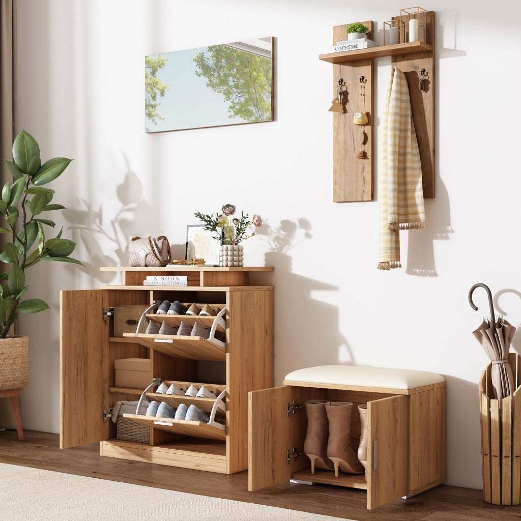 Mobile da ingresso con panca portascarpe, specchio, 5 ante e 4 ganci, in truciolare, naturale, 140 × 35 × 133 cm