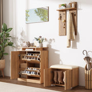 Mobile da ingresso con panca portascarpe, specchio, 5 ante e 4 ganci, in truciolare, naturale, 140 × 35 × 133 cm