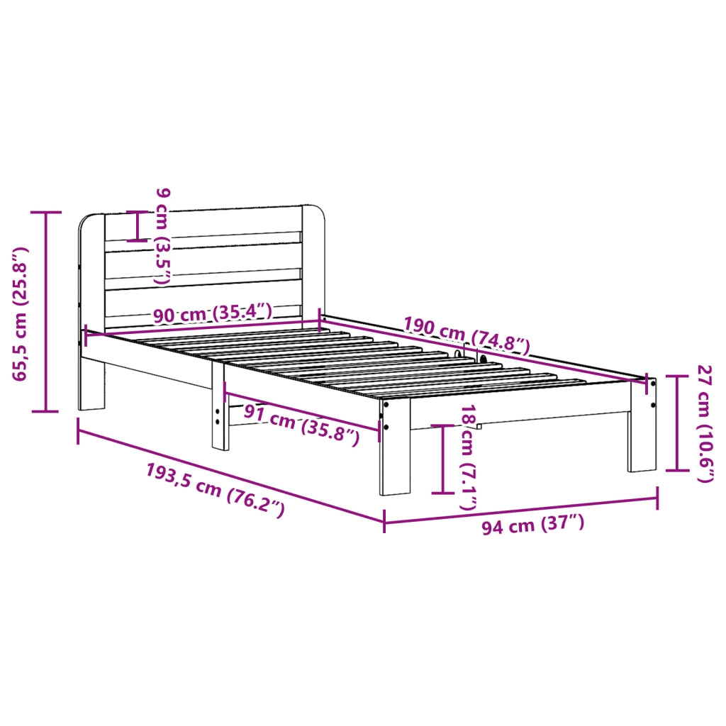Letto senza Materasso Marrone Cera 90x190 cm in Legno di Pino 855569