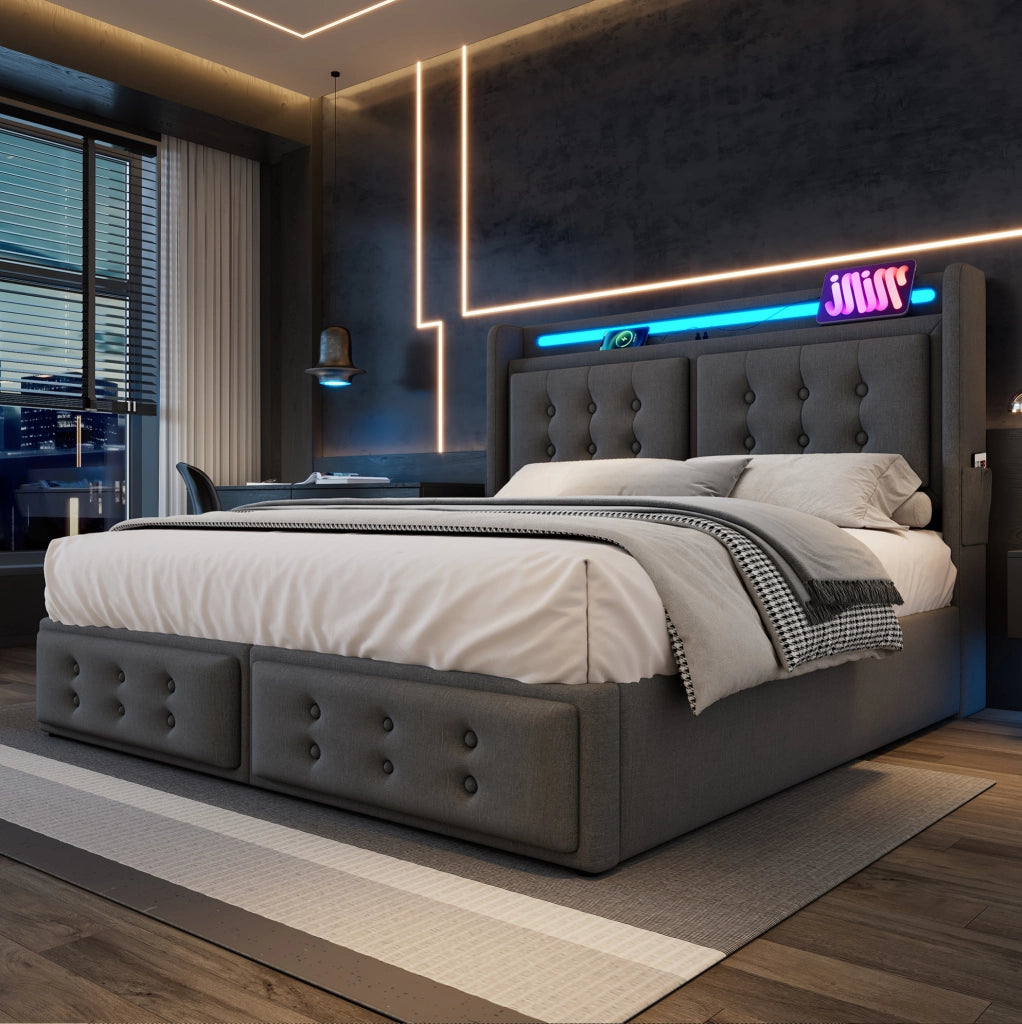 Letto matrimoniale 180x200 cm con testiera LED; prese e porta USB Type-C; grigio