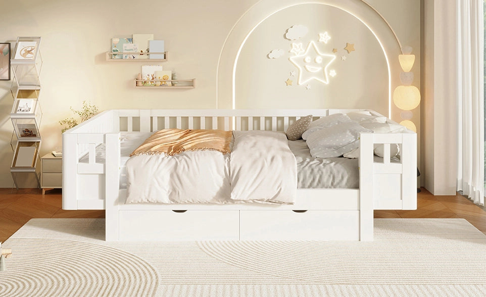 Letto a piattaforma 140x200 cm con protezione alta e due ampi cassetti, bianco