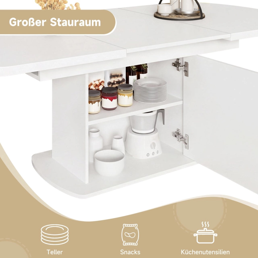 Tavolo da pranzo allungabile ovale con vani contenitore e ante, per sala da pranzo e cucina, in truciolare, bianco
