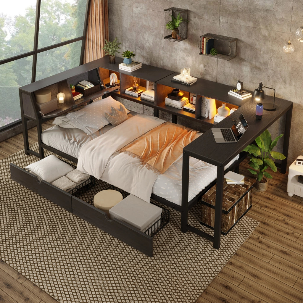 Letto singolo multifunzione 90x200 cm con scrivania; LED e cassetti; nero