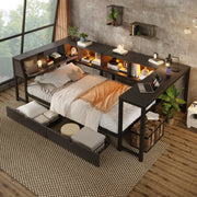 Letto singolo multifunzione 90x200 cm con scrivania; LED e cassetti; nero