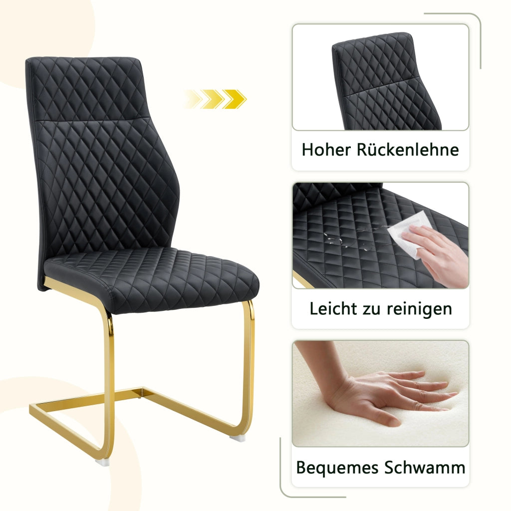 Sedia da Pranzo Set da 2 con Schienale Alto Ergonomico e Seduta Imbottita in PU Nero e Metallo Dorato