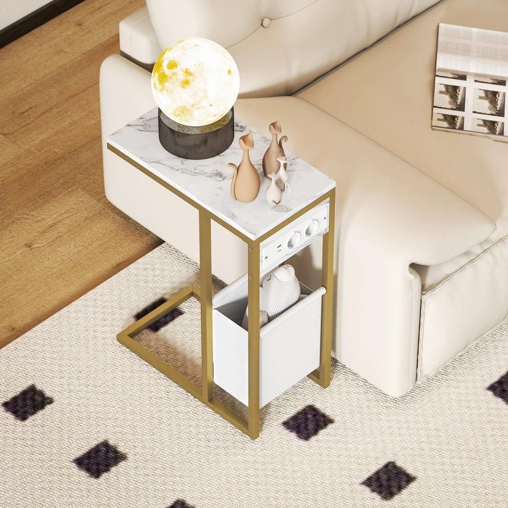 Tavolino a C con ricarica e tasca portaoggetti, piano effetto marmo ¨C Xylo ¨C 46x25x62,5 cm bianco