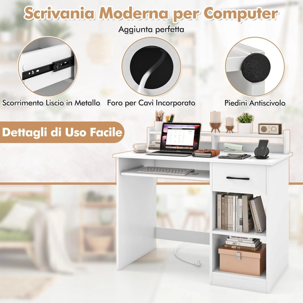 Scrivania per Computer con 2 Prese di Corrente e Prese USB, Scrivania Salvaspazio con Cassetto e Ripiano Estraibile per Tastiera e Ripiano Regolabile,105 x 55 x 89 cm, Bianco