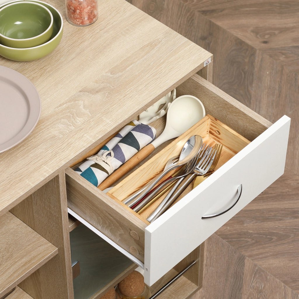 Carrello da Cucina Portavivande con Cassetto, Ripiani e Armadietto in Legno, Acciaio e Vetro, 65x39x80cm