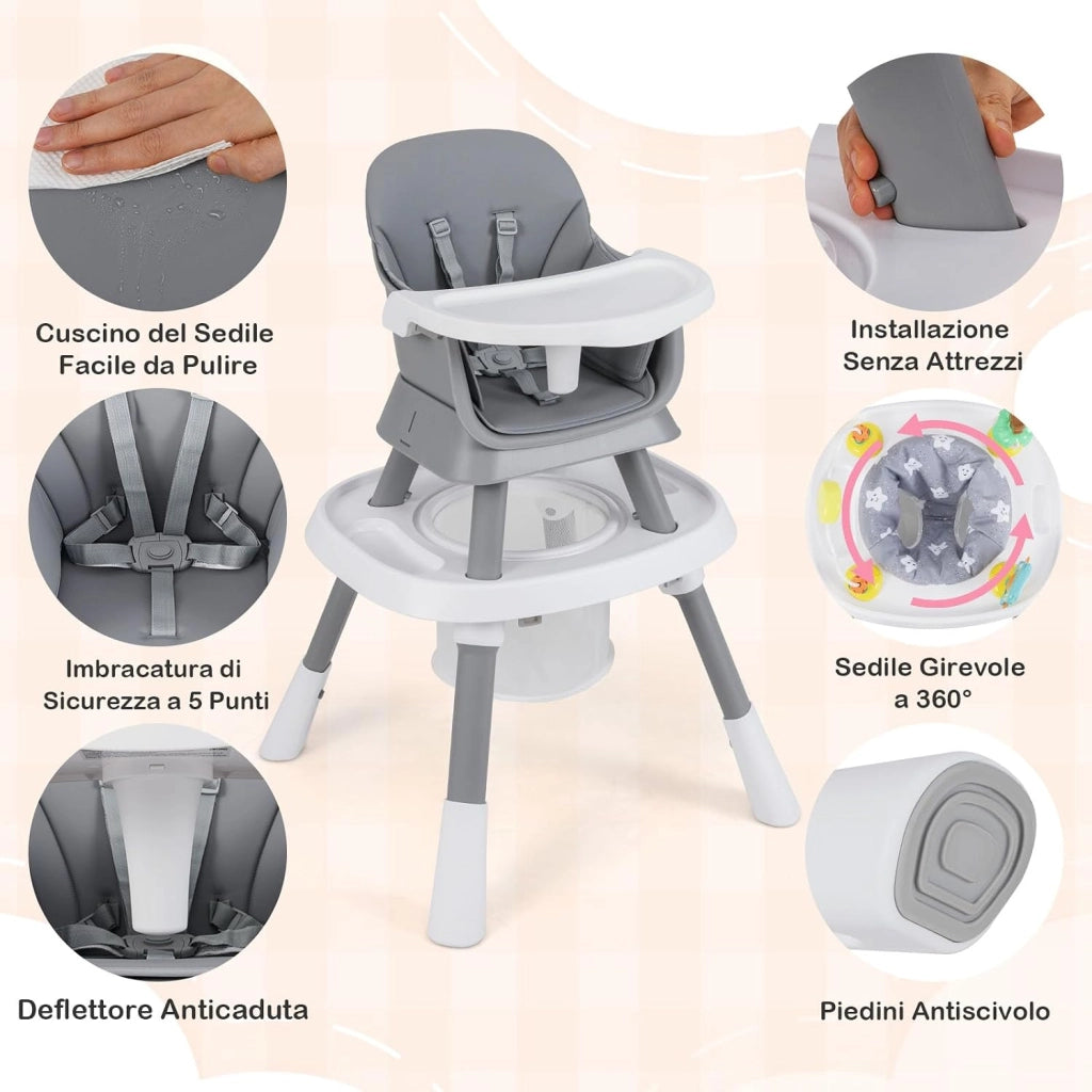 Seggiolone Pappa Bambini, con Cintura e Vassoio Rimovibile (Grigio) | Sedia Evolutiva per Neonati 6-36 Mesi con Cintura e Vassoio Rimovibile, 3 Giochi e Cestino