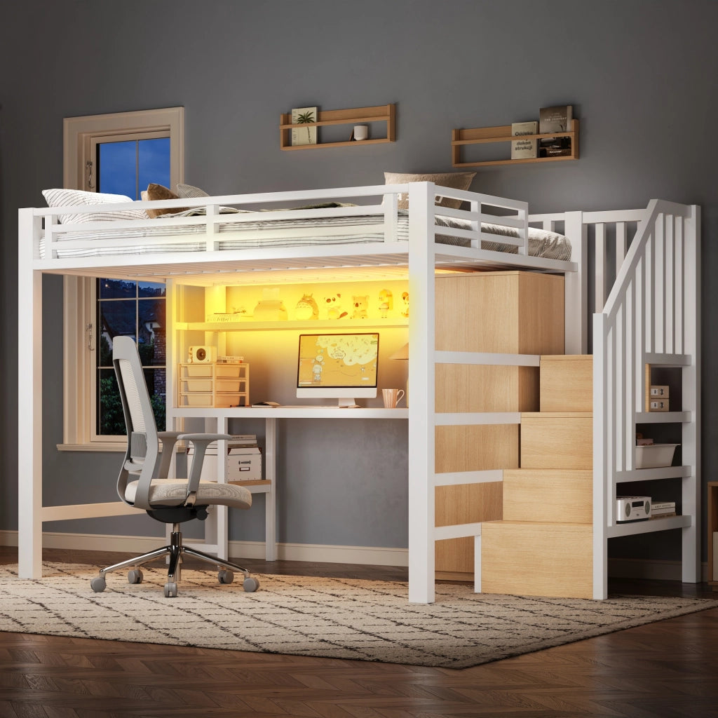 Letto a soppalco 140 × 200 cm con scrivania, armadio, scala contenitore e LED, senza materasso, in metallo, bianco