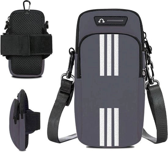 Cinturino sport per la corsa con doppio sistema di chiusura a raccordo e tasca per bicicletta in grigio con supporto per telefono cellulare ergonomico