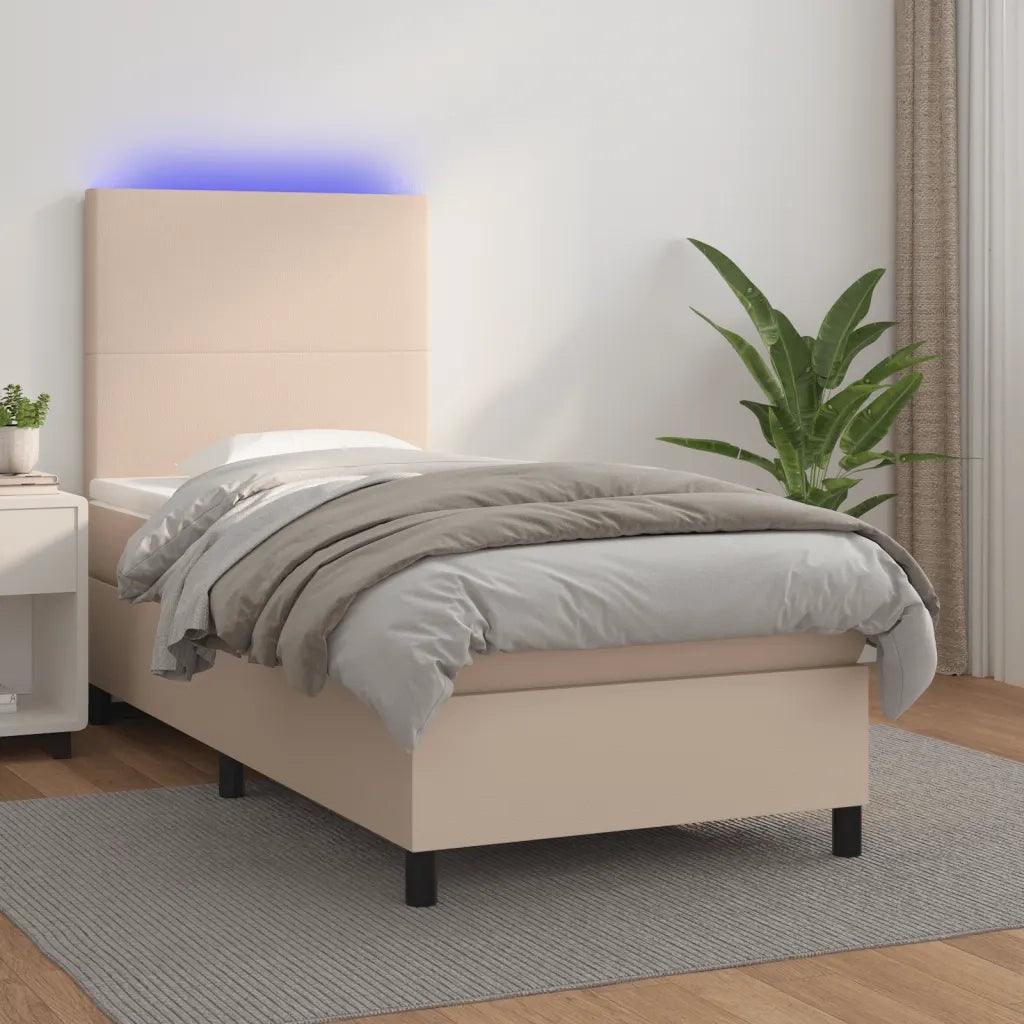 Letto singolo | Letto per adulti | Giroletto Molle Materasso e LED Cappuccino 90x190 cm Similpelle