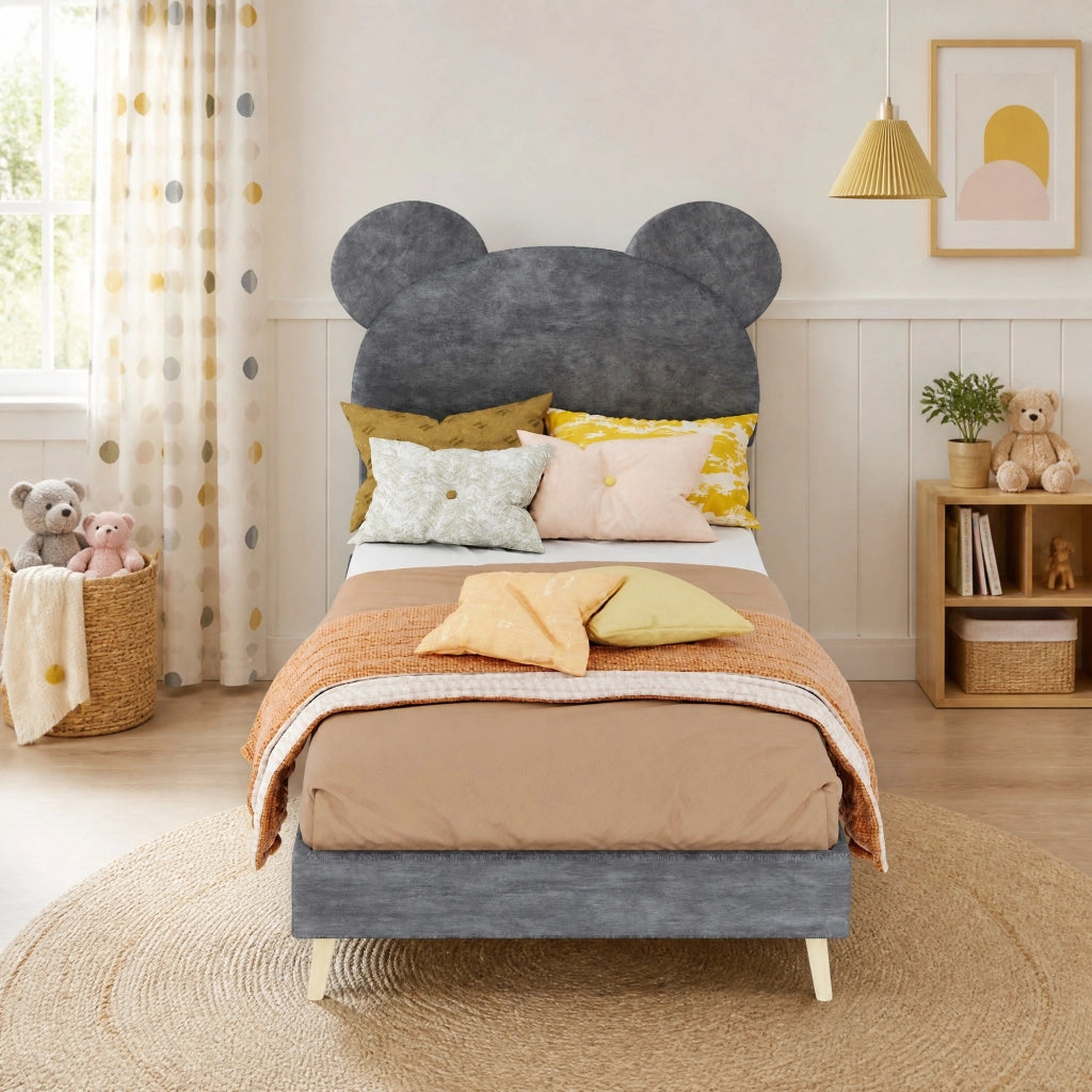 Letto imbottito singolo 90x200 cm con testiera decorativa e contenitore pneumatico; grigio