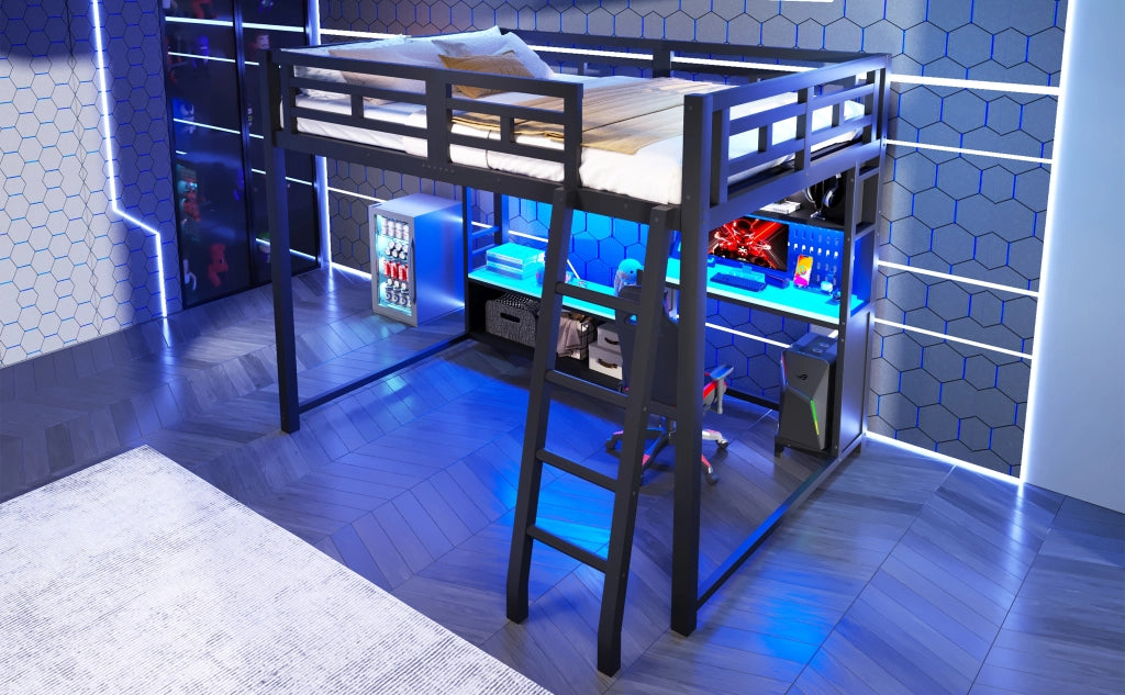 Letto a soppalco gaming 140x200 cm con scrivania; LED RGB e ripiani; nero