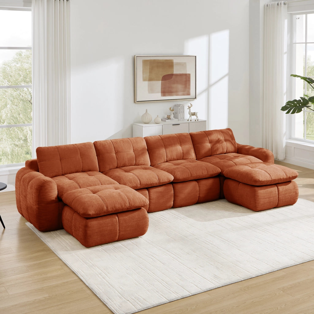 Divano modulare a u 4 posti con seduta profonda design trapuntato 2 pouf in chenille arancione 334 × 160 × 68 cm