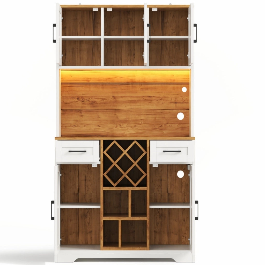Credenza alta da cucina con LED, 2 cassetti, vani aperti, portabottiglie e prese, per cucina e soggiorno 105 × 40 × 180 cm