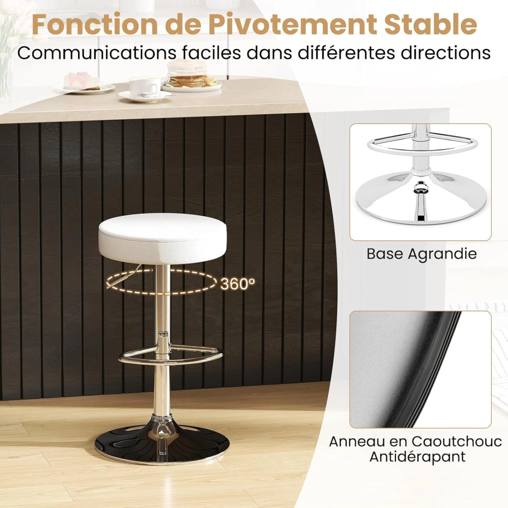 Set di 2 sedie da bar, sgabello girevole a 360° con poggiapiedi, base rotonda e antiscivolo, altezza regolabile da 65 a 85 cm, sedie alte per cucina, bar e soggiorno, colore: bianco