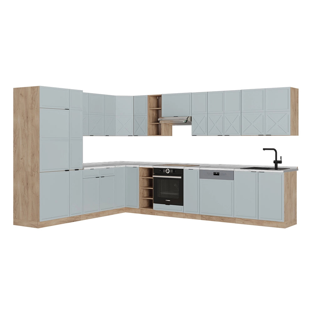 Cucina angolare completa Fame-Line Blu-grigio chiaro/Rovere dorato 347 x 60 cm, PL Marmo Vicco