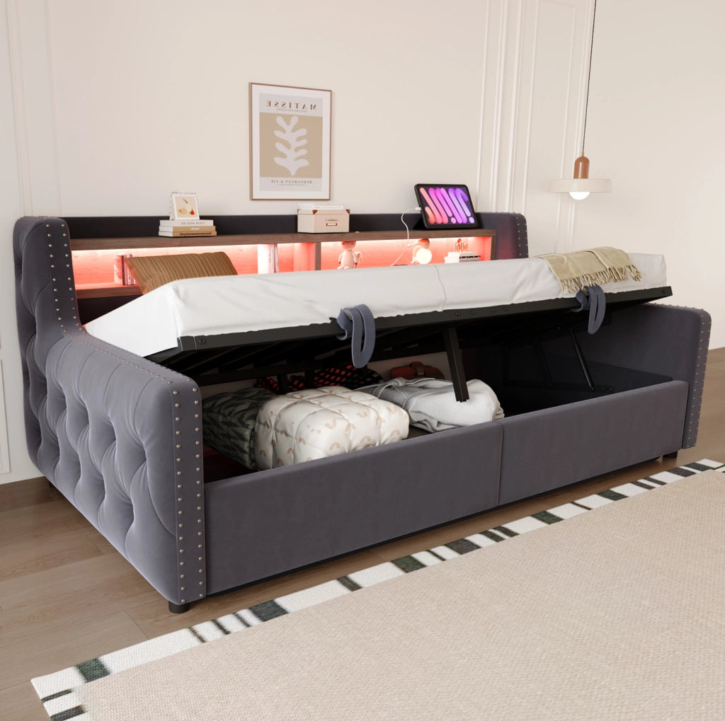 Divano letto 90x200 cm con contenitore idraulico; LED e ricarica USB-C in velluto grigio