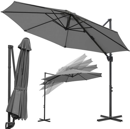 Parasole da Ombrello a Ventaglio 300CM - 360° Rotativo e Inclinabile - Impermeabile - 8 Steli Robusti e Croce di Supporto