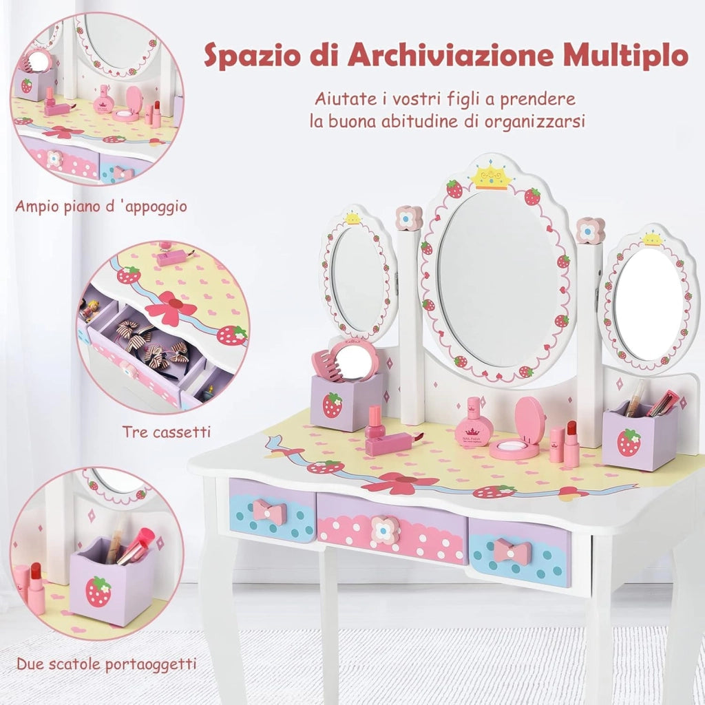 Toeletta Trucco 2 in 1 per Bambina, Specchiera Staccabile con Sedia, 3 Cassetti e 2 Portapenne, Postazione Trucco per Cameretta in Legno, 70 x 34 x 105cm (Bianco)