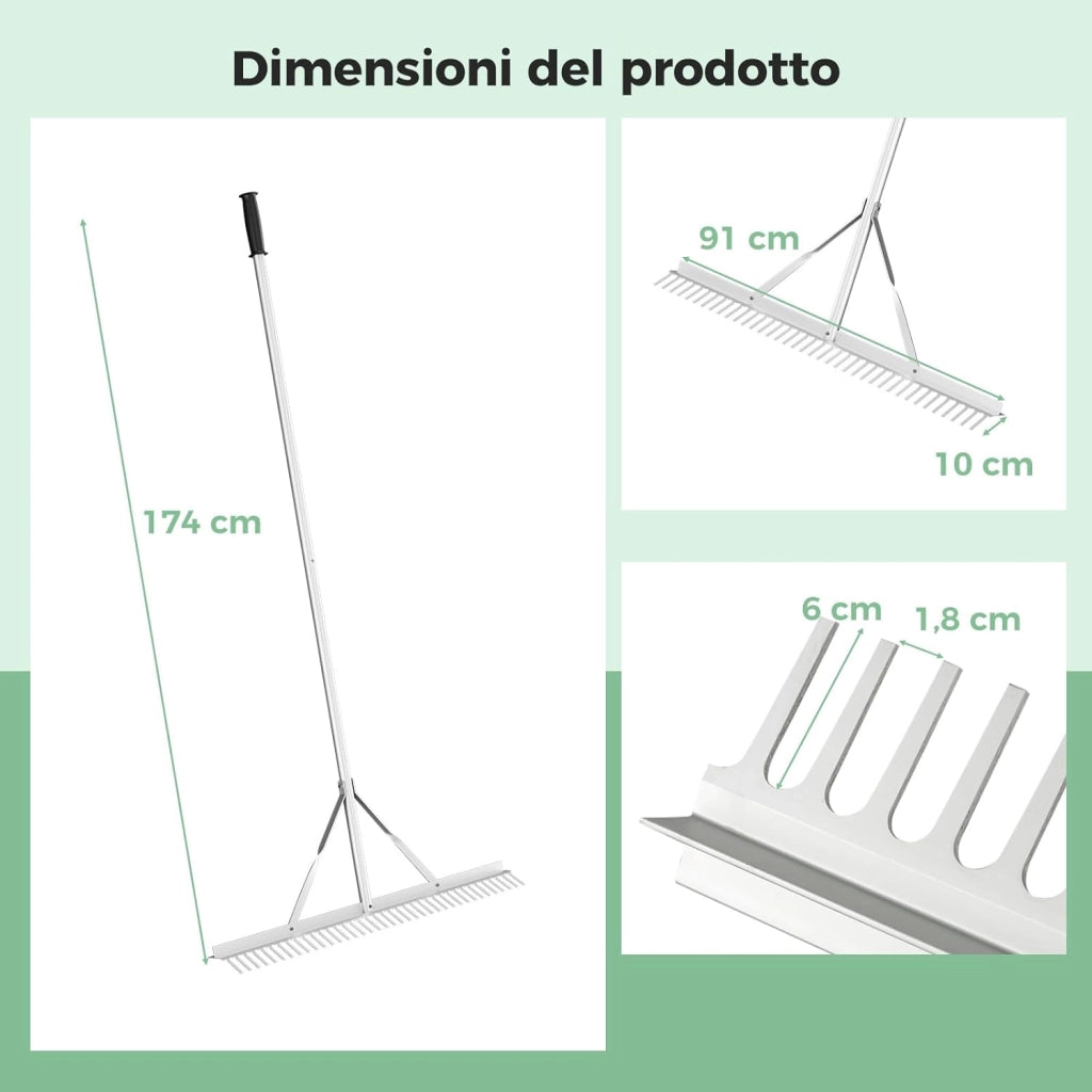Rastrello da Giardino, Rastrello in Alluminio con Testa Larga 91 cm, 36 Denti, Manico Lungo 174 cm, per Allentare il Terreno, Cura del Prato, Cura del Lago Stagno Spiaggi