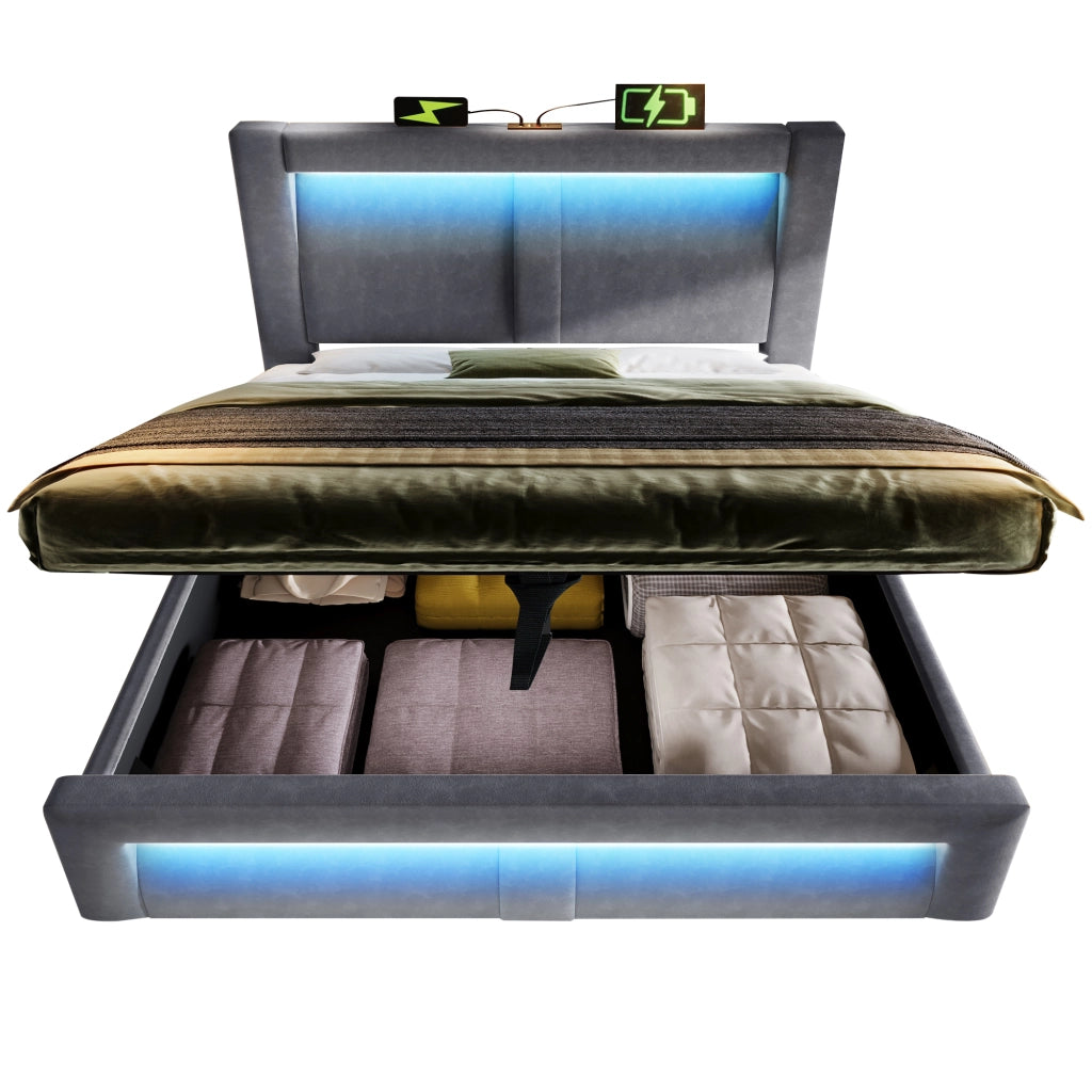 Letto 140x200 cm con contenitore; LED e ricarica USB in velluto grigio