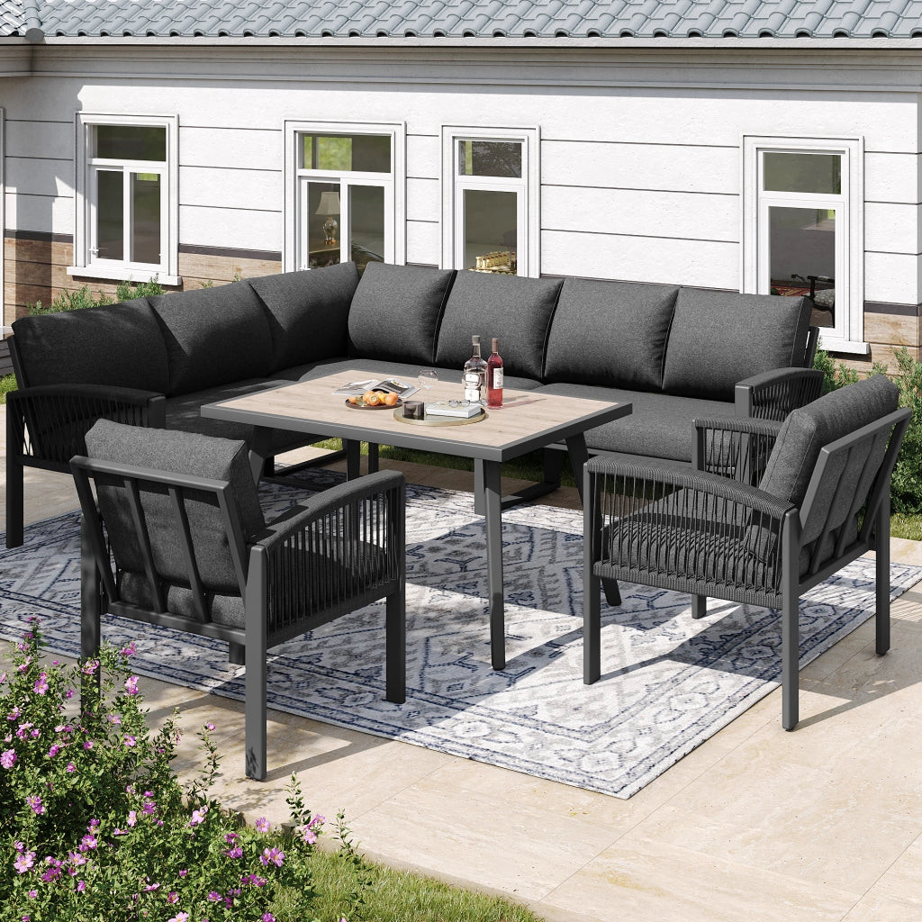 Set giardino 8 persone: corda intrecciata; tavolo grande effetto legno; ferro zincato; piedini regolabili