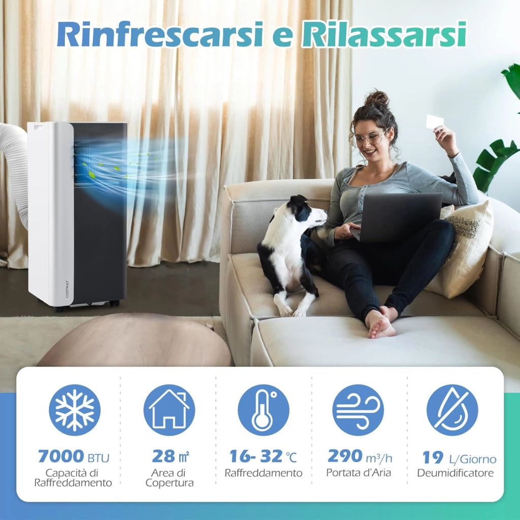 Condizionatore Portatile, 7000BTU/2,0 kW, 4 in 1 Con Raffreddamento, Ventola, Deumidificazione e Modalità Notturna, 24H Timer, R290, per Stanze Fino a 28㎡