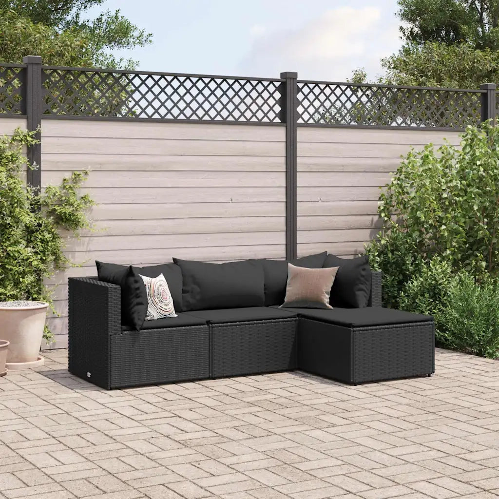 Set Divani da Giardino 4 pz | Set Salotto da Giardino con Cuscini Nero in Polyrattan