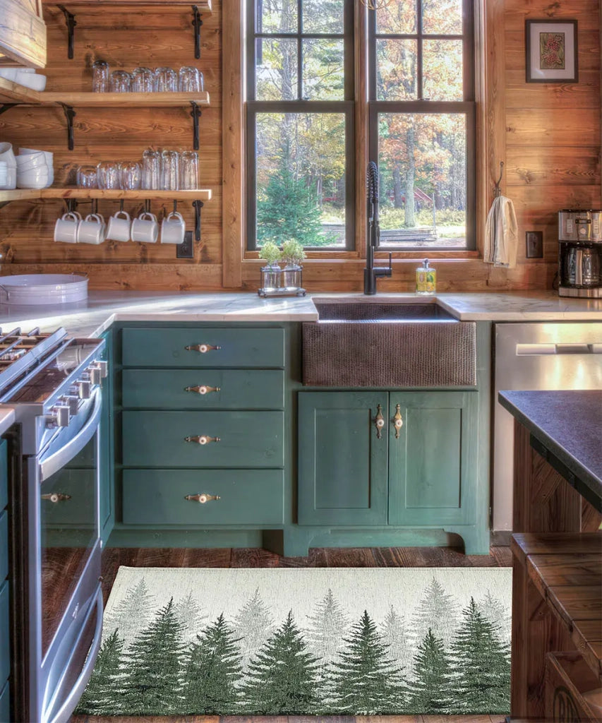 Tappeto moderno ABETI VERDE disegno foresta aghifoglie di montagna, passatoia cucina multiuso lavabile in lavatrice e anti-scivolo cm.55x115