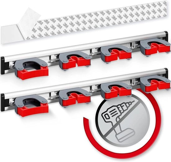 Oggetto di appoggio per asse da spazzola Autoadesivo 2 pezzi - 4 contenitori e 5 ganci (45cm / 18'') - Oggetto di appoggio per asse da spazzola Premium da attacco alla parete e contenitore per attrezzi da giardino