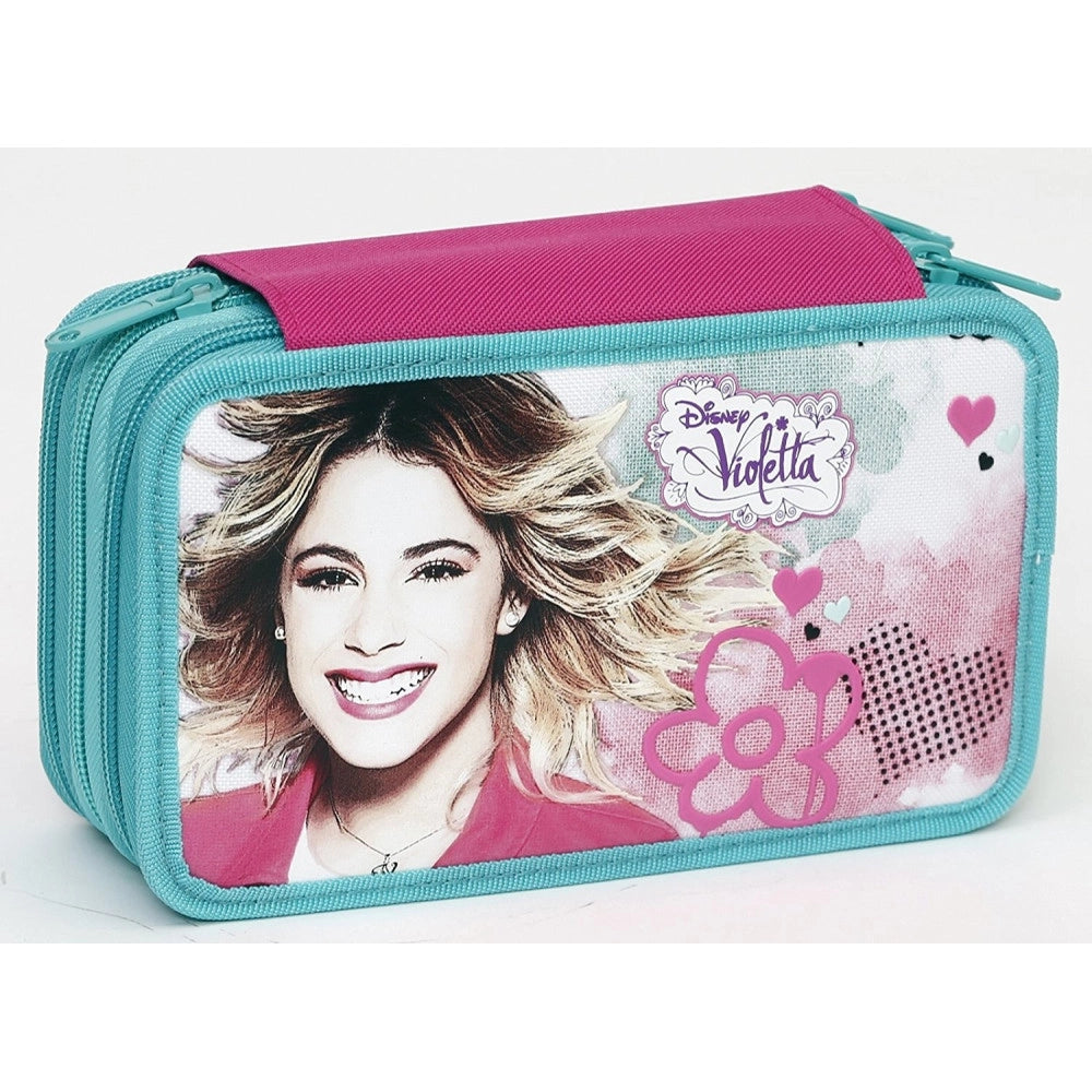 Trade Shop - Astuccio A 3 Zip Disney Violetta In Tessuto Completo Di Pastelli E Pennarelli -