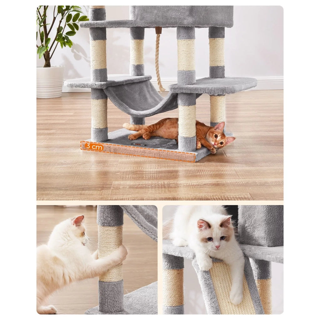 Tiragraffi grande torre gioco altezza 168 cm con 13 tiragraffi 1 tavola tiragraffi 2 piattaforme 2 nicchie cesto amaca pompon tessuto peluche multilivello grigio 12_0003840