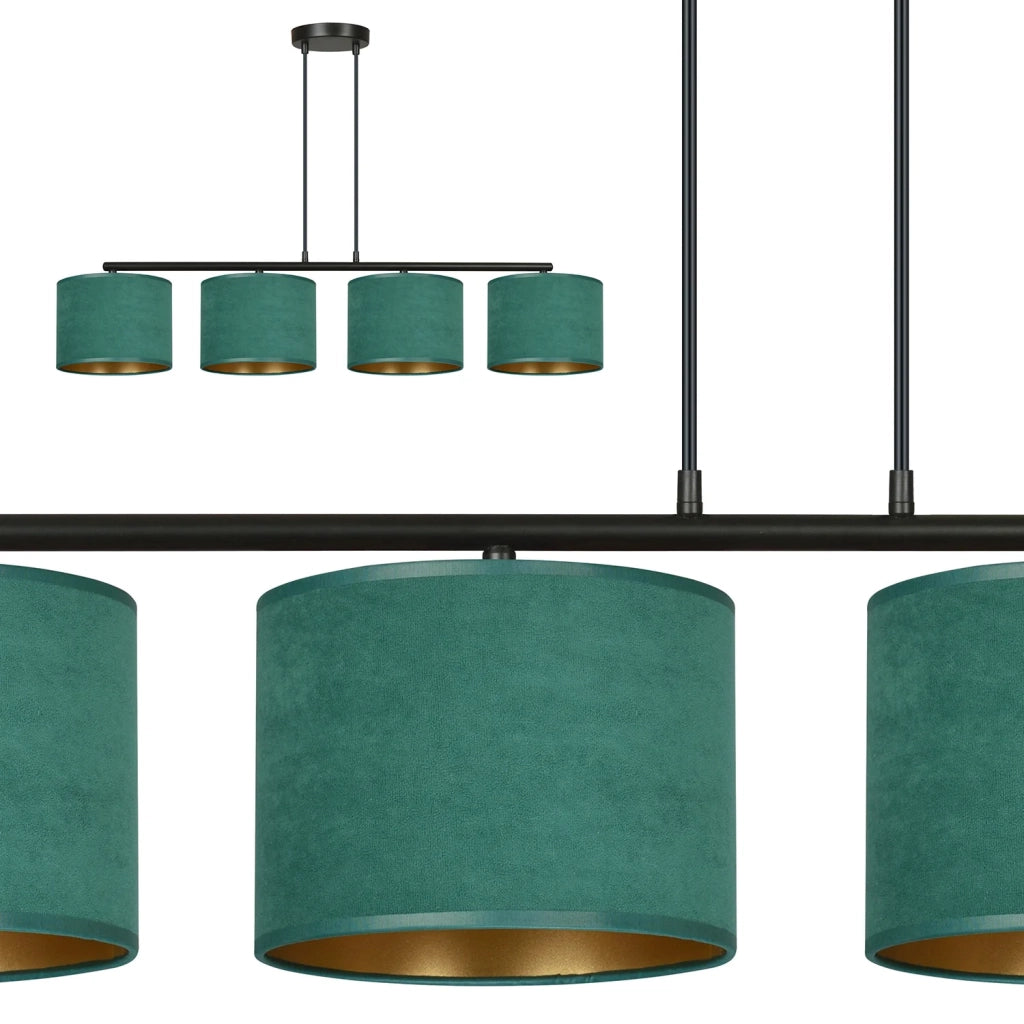 Lampadario 4 Luci Ganesha In Acciaio Nero E Paralumi In Tessuto Verde