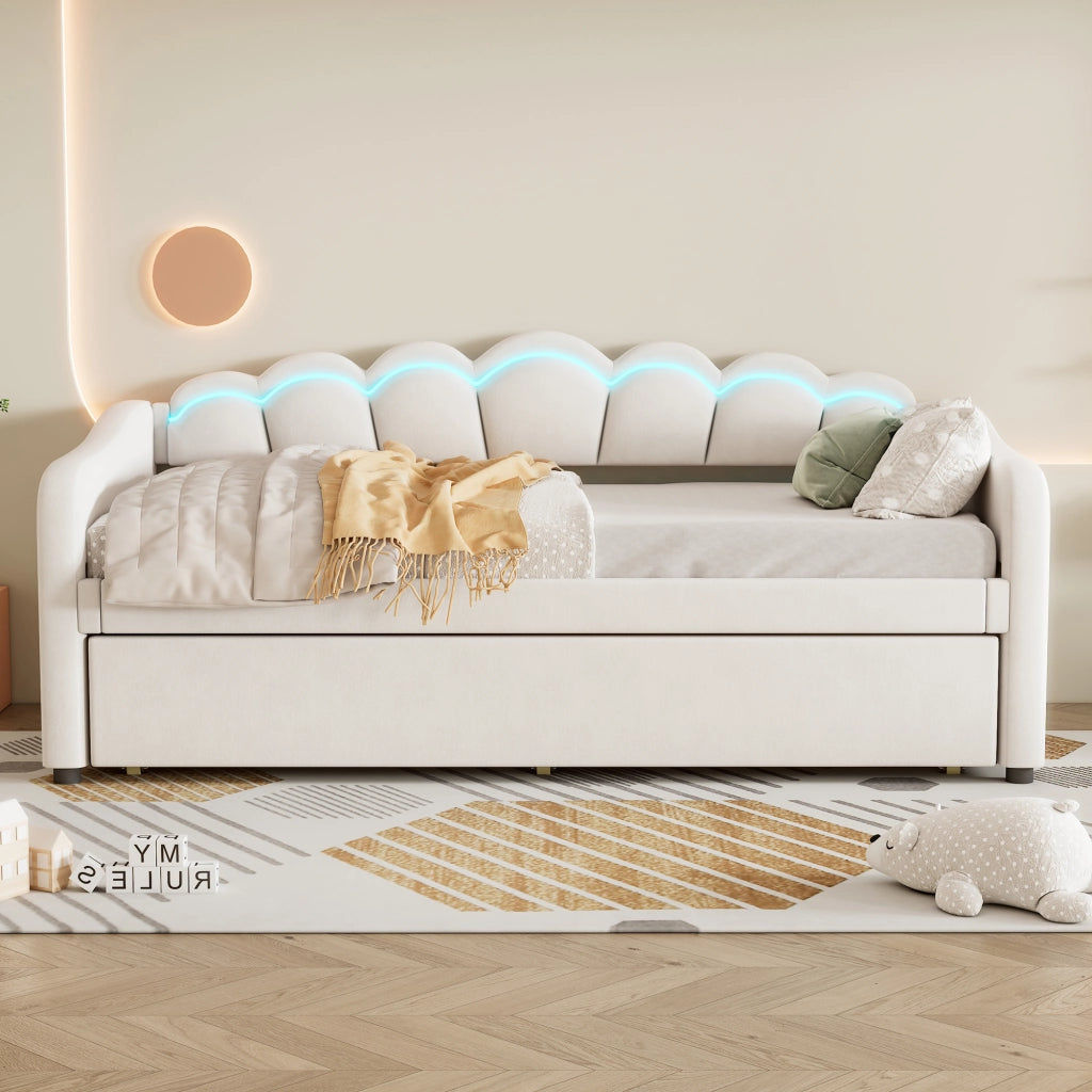 Letto singolo 90×200 cm con letto estraibile e LED regolabile per camera da letto; senza materasso; velluto; beige