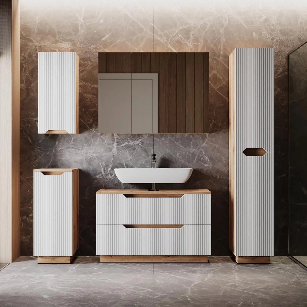 Set di mobili da bagno Lotta, Rovere/bianco a strisce, 2 parti