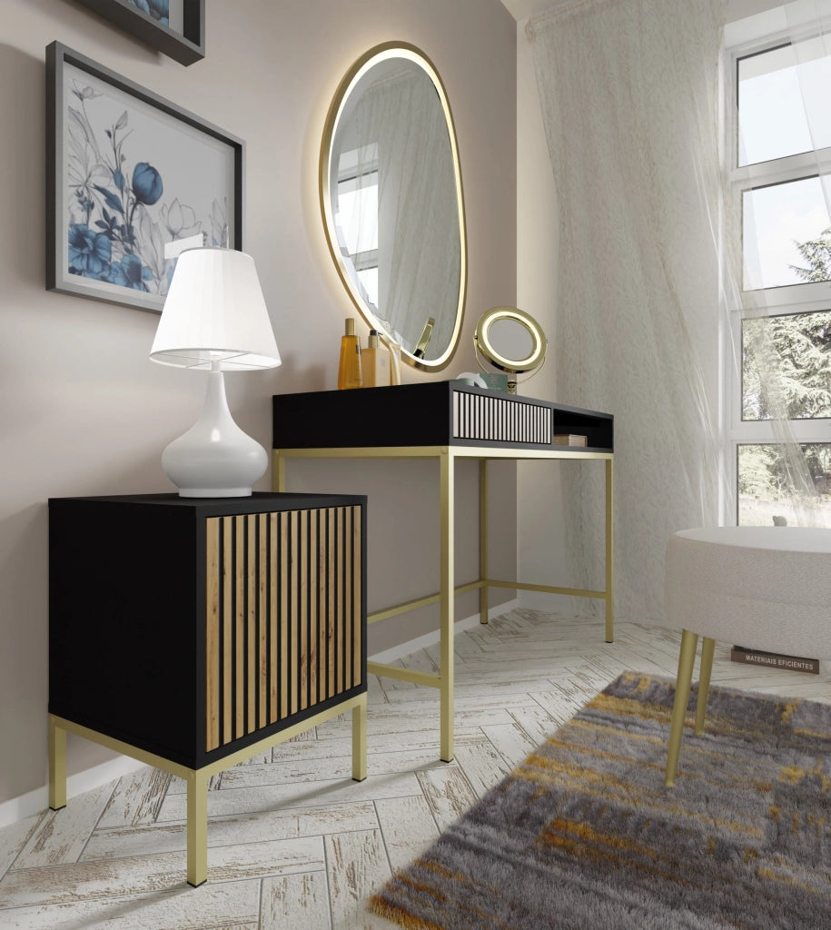MOBILE RAVENNA F MOBILI SOTTO SCRIVANIA IN MDF VERNICIATO COMODINO 1D NERO OPACO ROVERE ARTIGIANALE STRUTTURA ORO