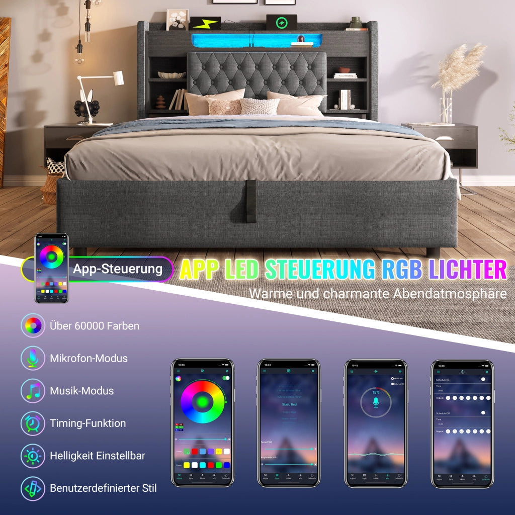 LETTO Contenitore 180x200 cm in lino grigio con LED e porte USB