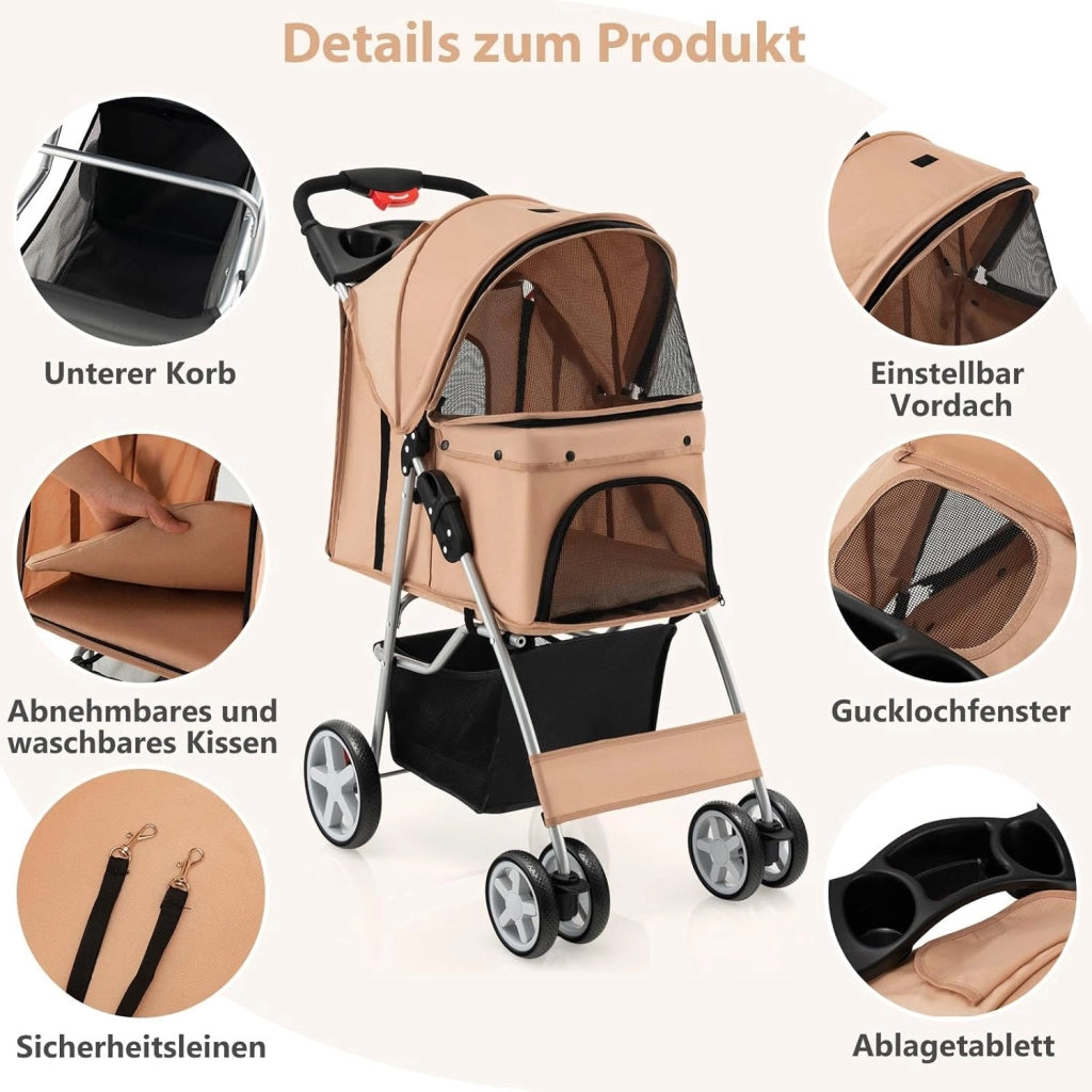 Passeggino per Cani e Gatti Pieghevole Fino 15 kg, Carrello per Animali Domestici, Trasportino Carrozzina Portatile da Viaggio e Passeggio con Tettuccio per Cuccioli, 87 x 46 x 102 cm (Beige)