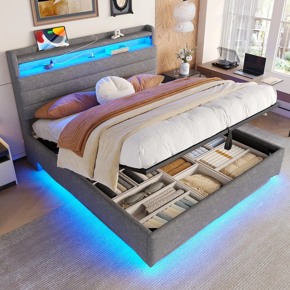 Letto Imbottito Contenitore con LED ¨C MINIMAL ¨C Tessuto Grigio 140x200 Idraulico